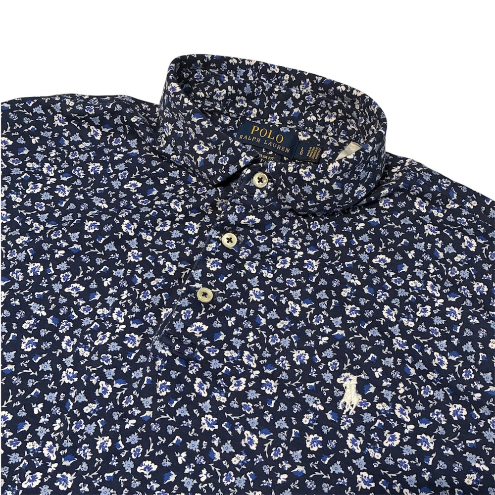 Polo Ralph Lauren Mens Blue Floral Polo Shirt Slim Fit Club Collar Large